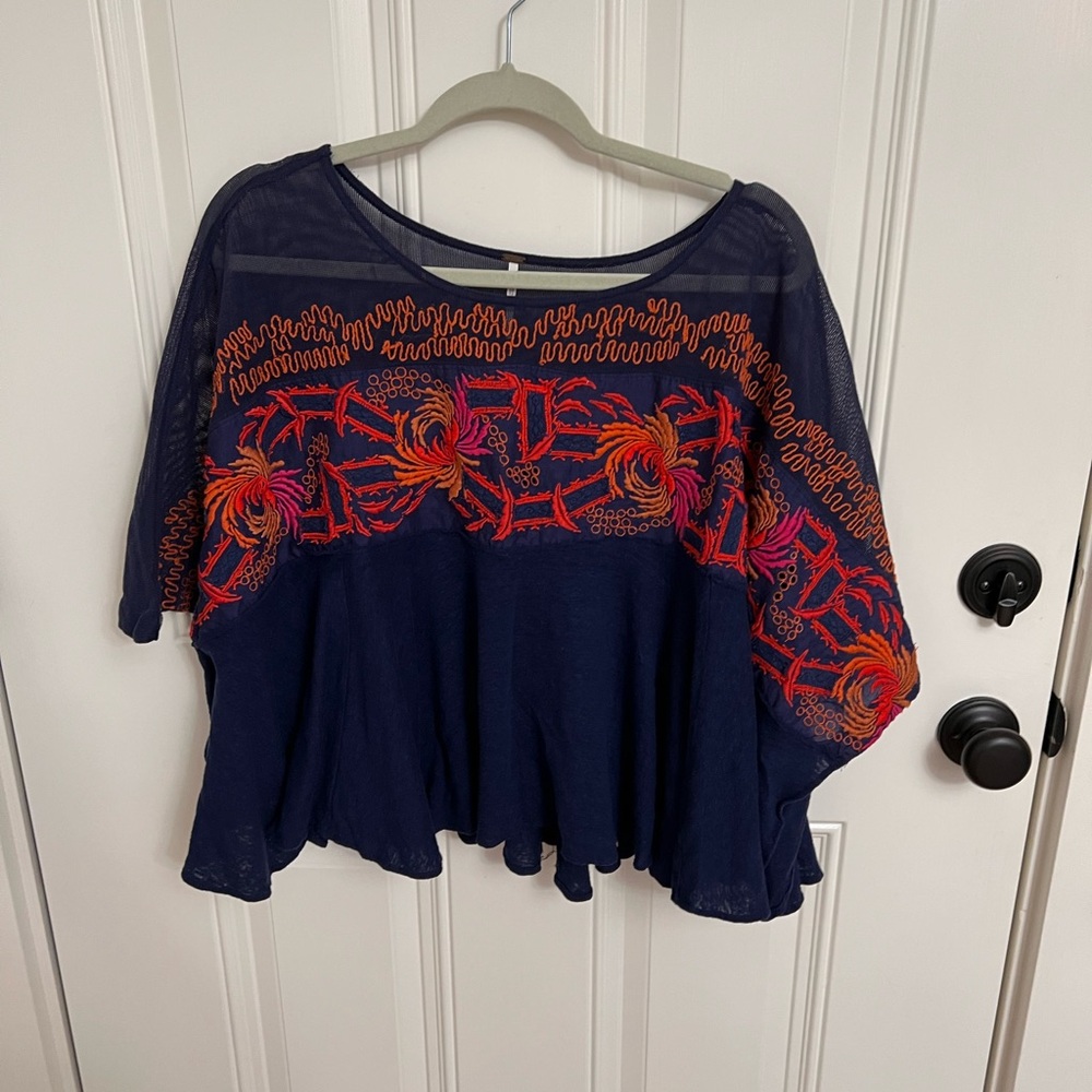 Free People Boho Navy Blue Embroidered Women's flowy Top